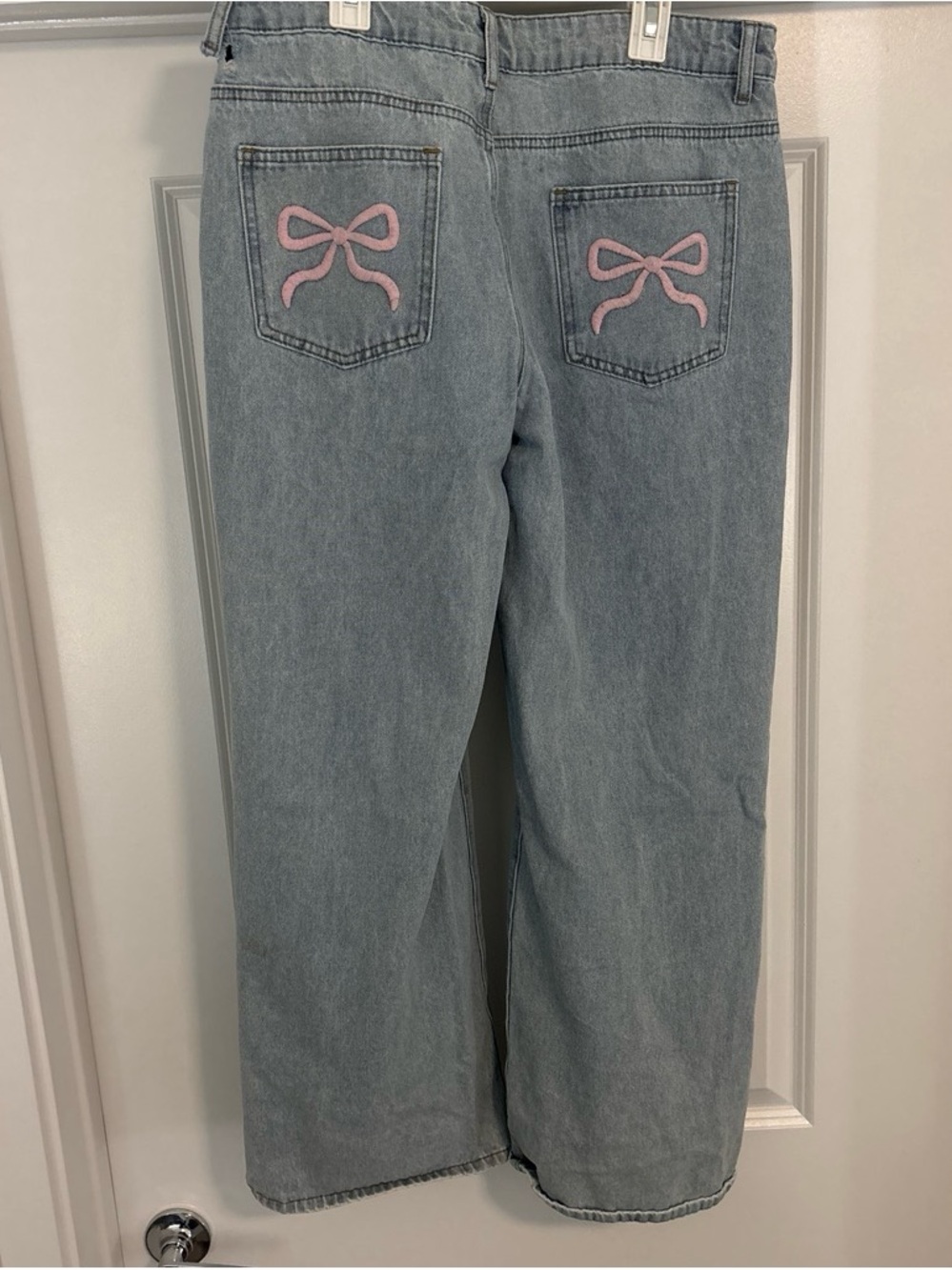 Edikted Light Blue Wide Leg Jeans with Pink Bow Pockets